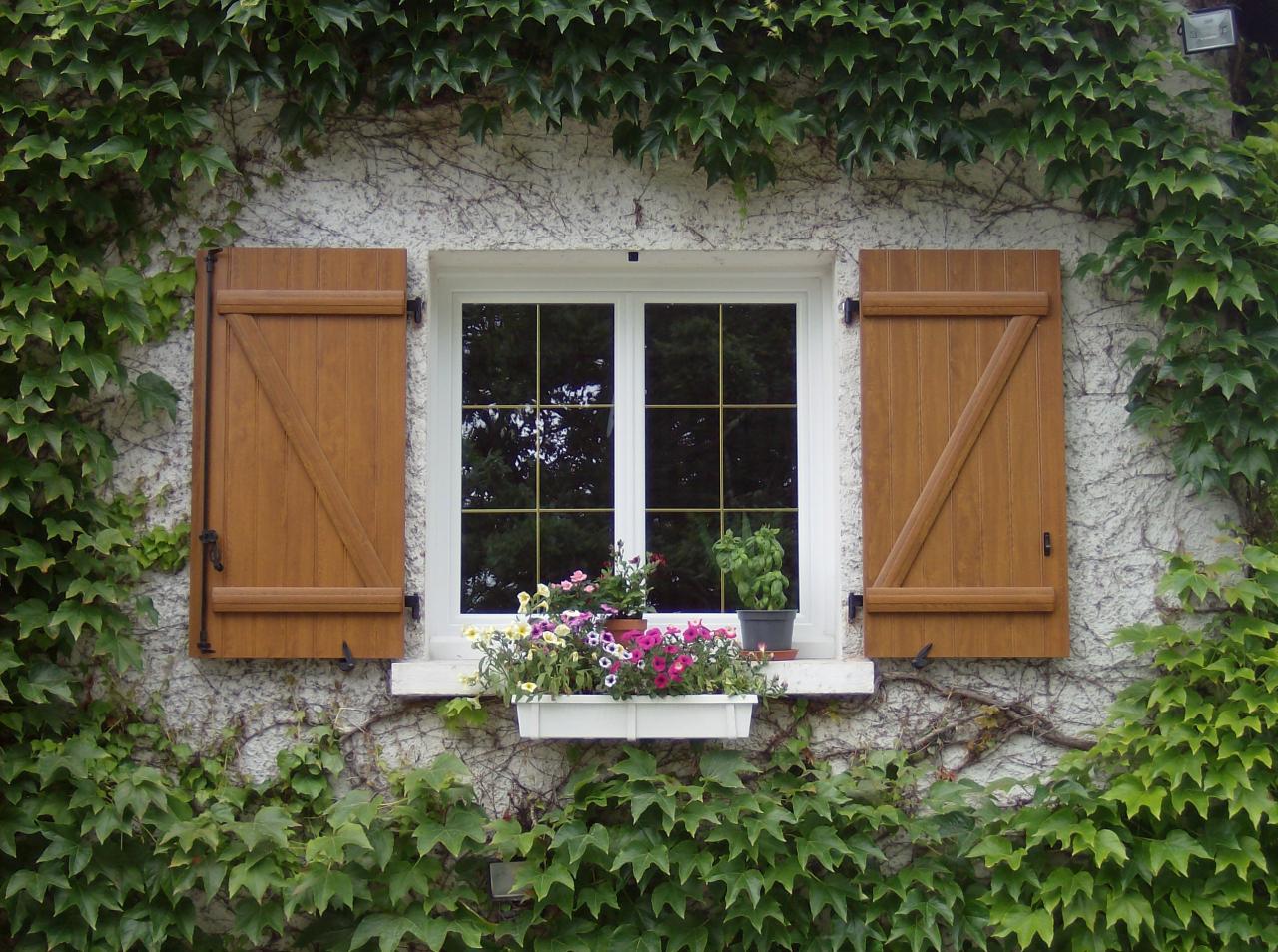 Fenêtre avec petits bois laiton intégrés et volets PVC coloris chêne doré